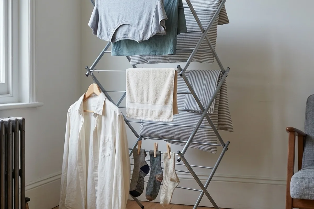 Washing hung with space between each item on a concertina airer in a bright room