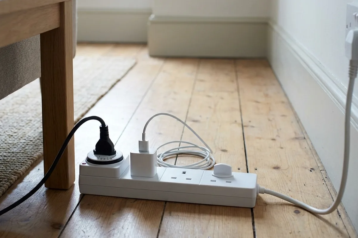 An extension lead and a mechanical 24-hour socket timer on a worktop