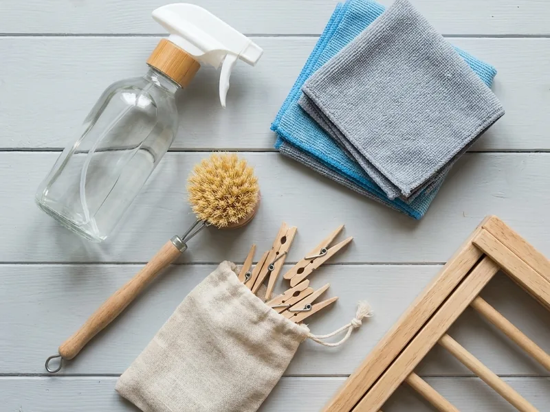 Spray bottles, folded cloths and a scrubbing brush on a shelf