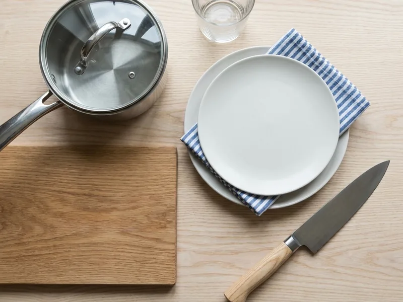 A saucepan, a wooden board and storage jars on a kitchen worktop