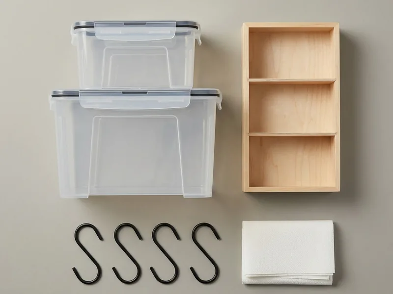 Clear clip-lid storage boxes stacked in a hall cupboard