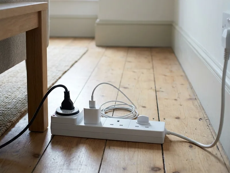 An extension lead and a mechanical socket timer on a worktop