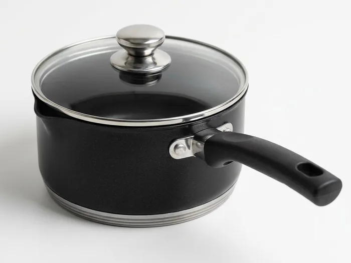 A 20 cm stainless steel saucepan with a glass lid
