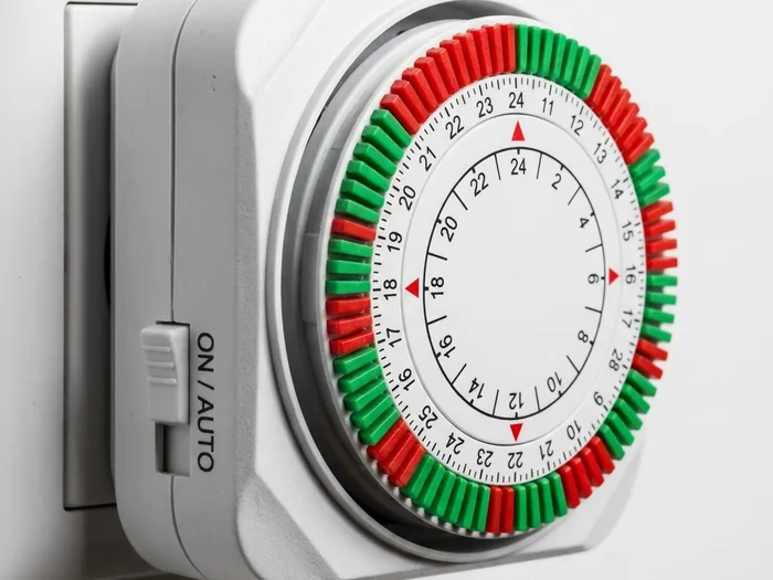 A white mechanical 24-hour socket timer showing its segment dial