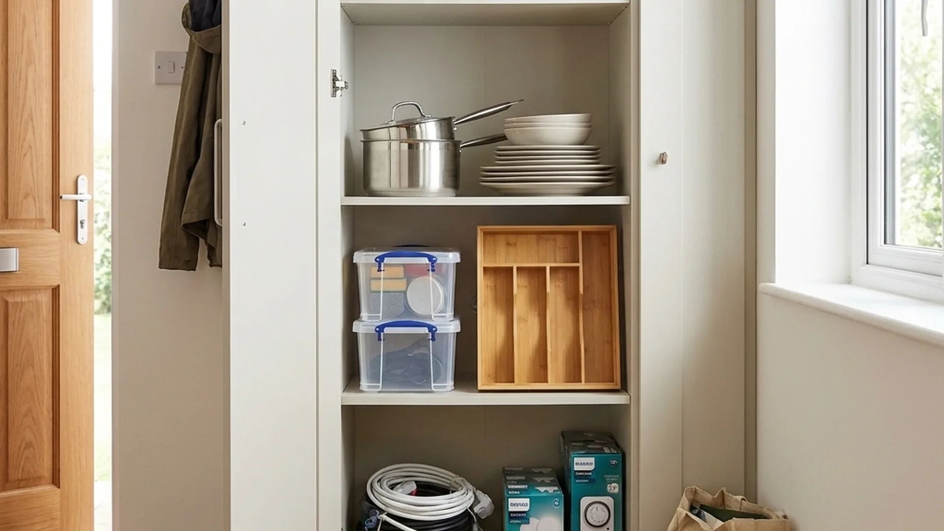 A fully stocked cupboard beside a front door, holding cleaning supplies, storage boxes and household spares